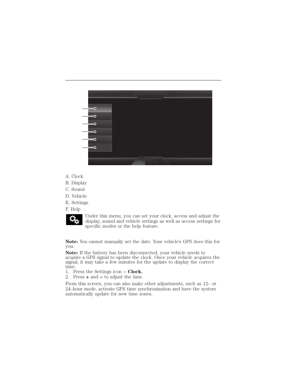 Settings, Clock, Myford touch® (if equipped) 487 | FORD 2015 Taurus User Manual | Page 488 / 558