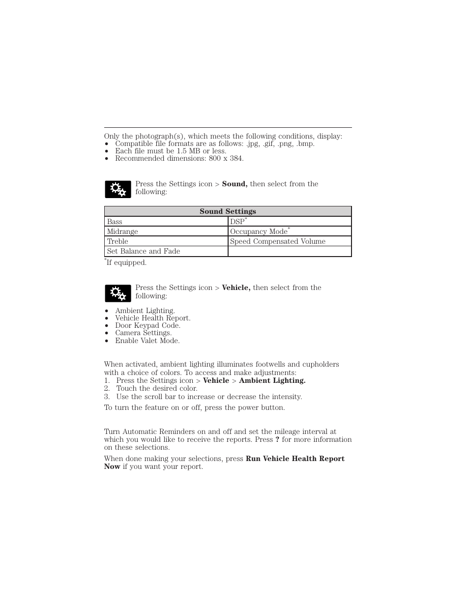 Sound, Vehicle, Ambient lighting (if equipped) | Vehicle health report, Myford touch® (if equipped) 489 | FORD 2015 Taurus User Manual | Page 490 / 558