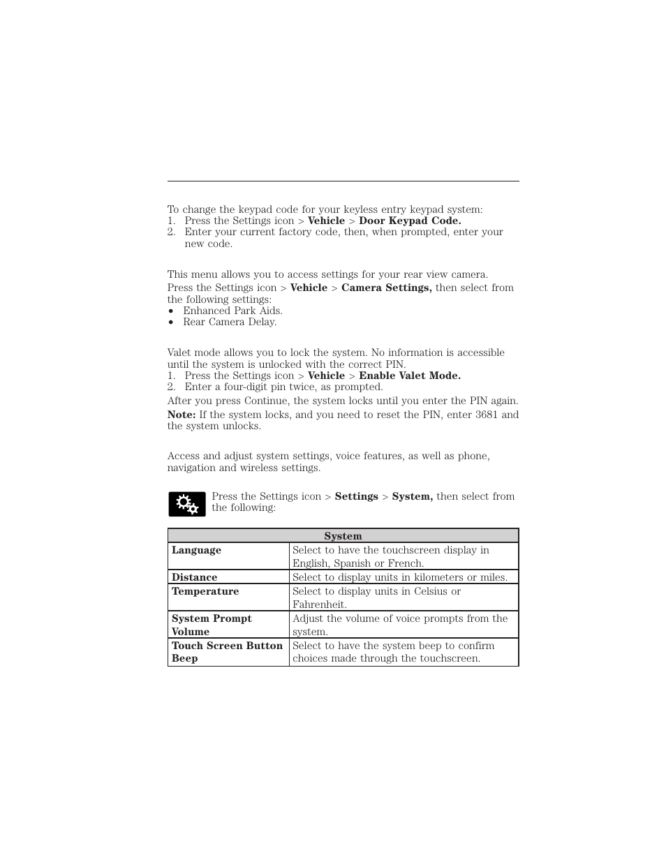 Door keypad code, Camera settings, Enable valet mode | Settings, System, 490 myford touch® (if equipped) | FORD 2015 Taurus User Manual | Page 491 / 558
