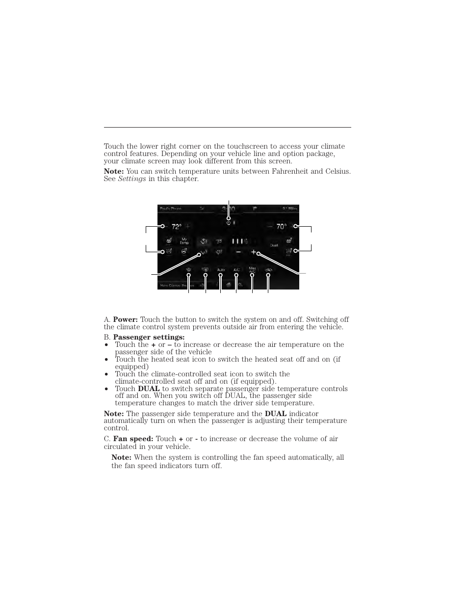 Climate, Climate features, Myford touch® (if equipped) 499 | FORD 2015 Taurus User Manual | Page 500 / 558