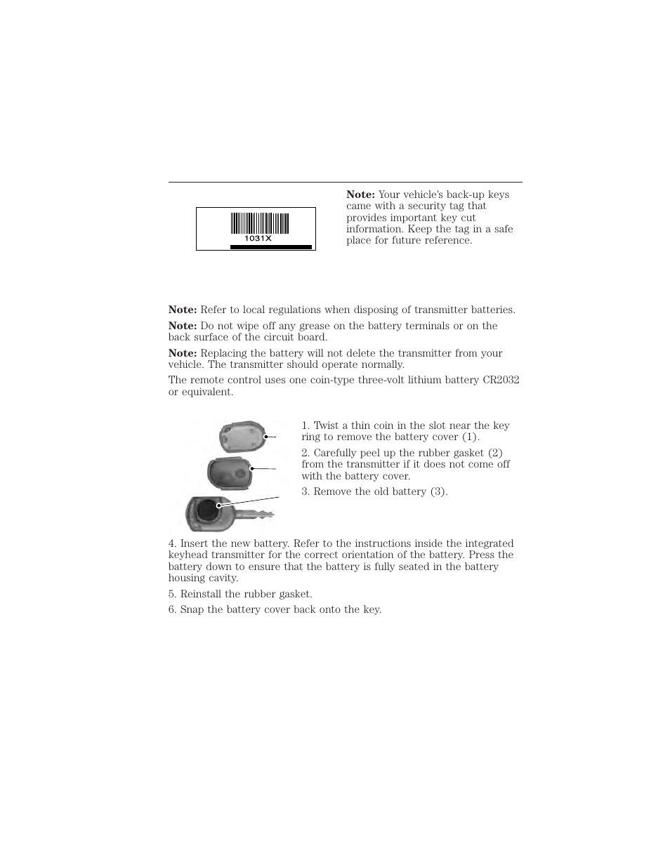 Replacing the battery, Integrated keyhead transmitter, 58 keys and remote control | FORD 2015 Taurus User Manual | Page 59 / 558