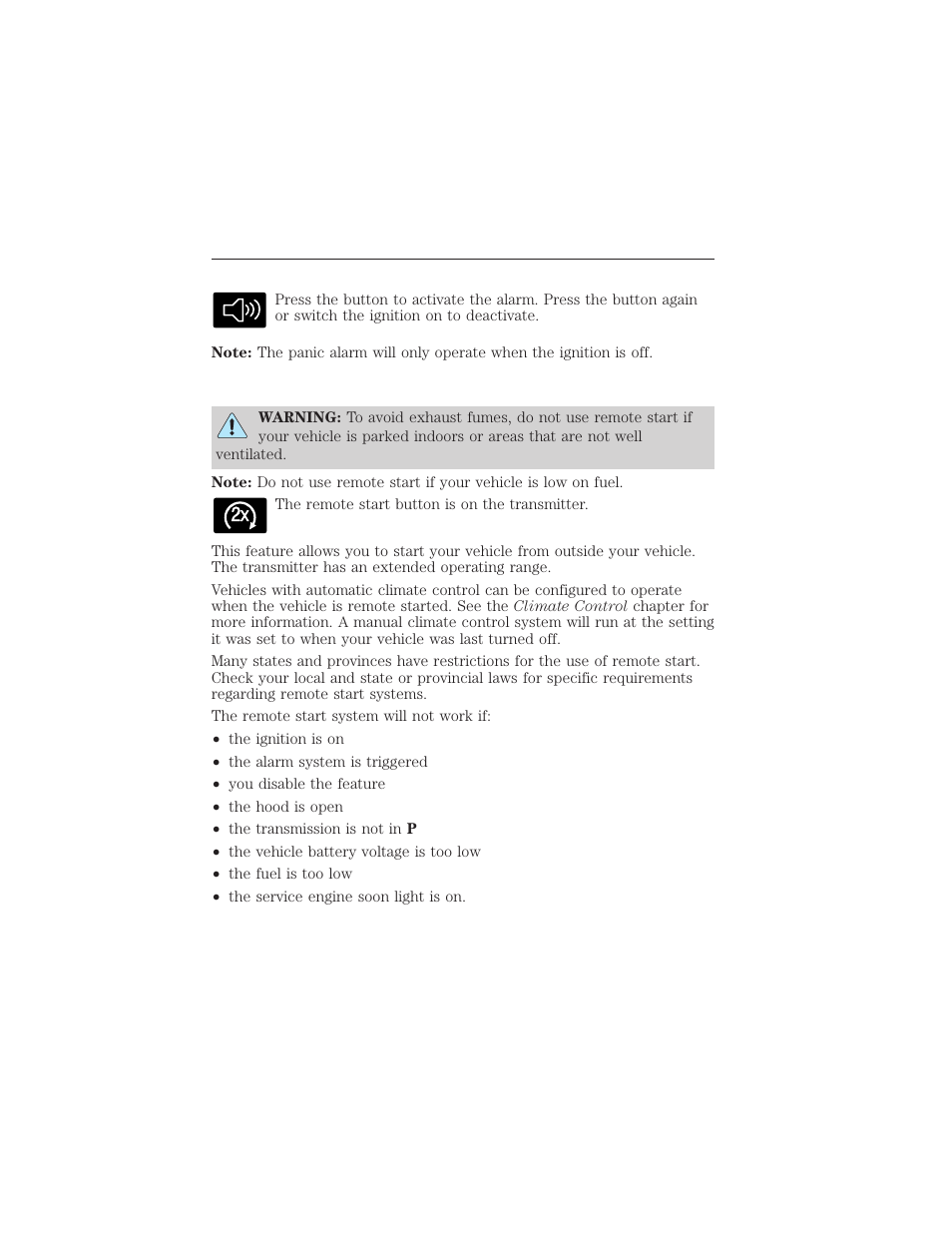 Sounding a panic alarm, Remote start (if equipped), Keys and remote control 61 | FORD 2015 Taurus User Manual | Page 62 / 558