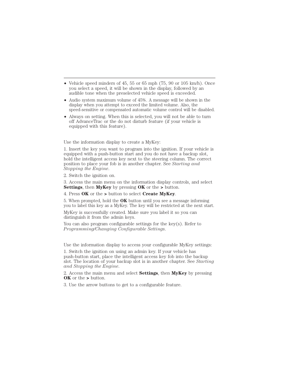 Creating a mykey, Programming/changing configurable settings, Creating | Mykey 65 | FORD 2015 Taurus User Manual | Page 66 / 558