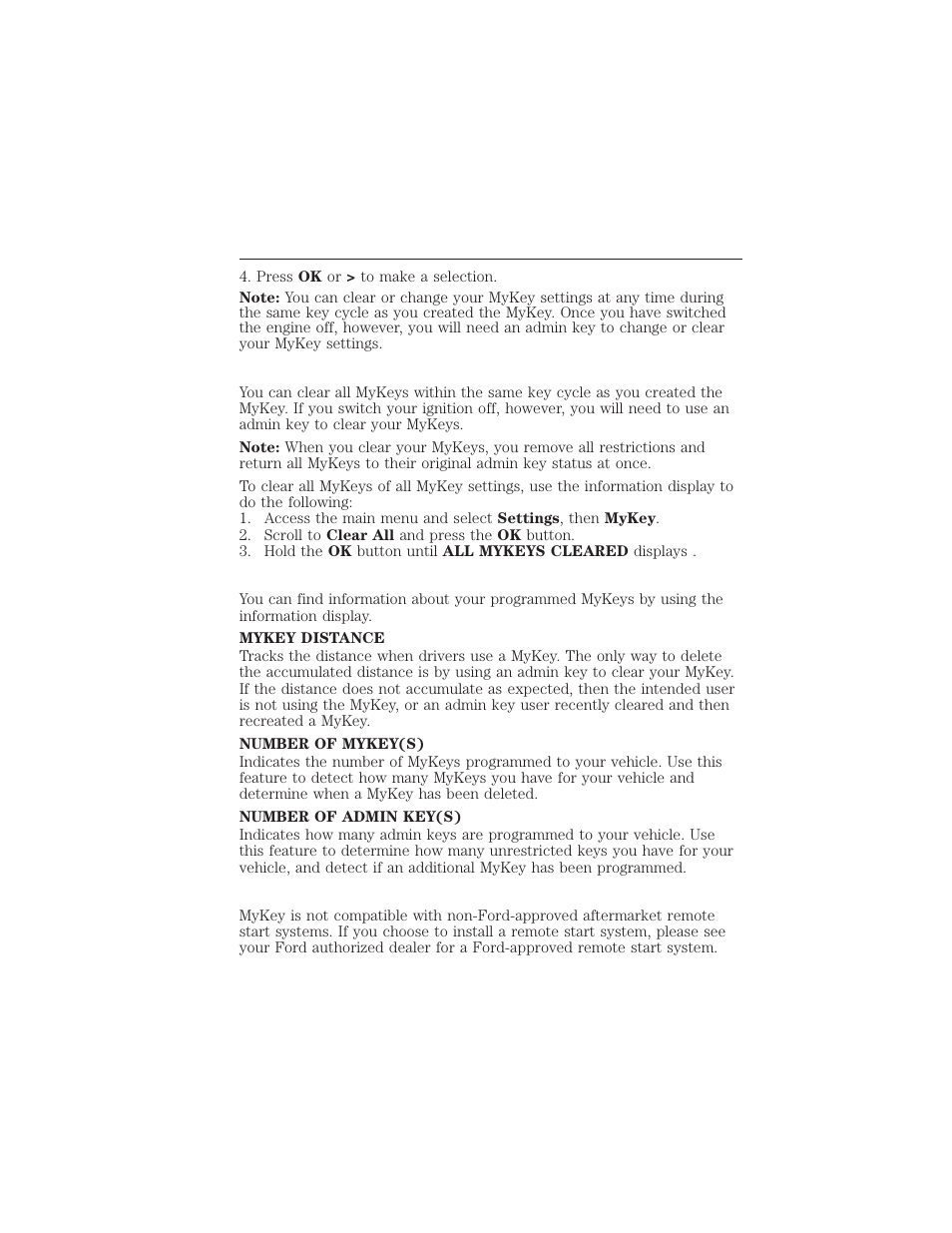 Clearing all mykeys, Checking mykey system status, Using mykey with remote start systems | Clearing, System status, Remote start, mykey, 66 mykey | FORD 2015 Taurus User Manual | Page 67 / 558