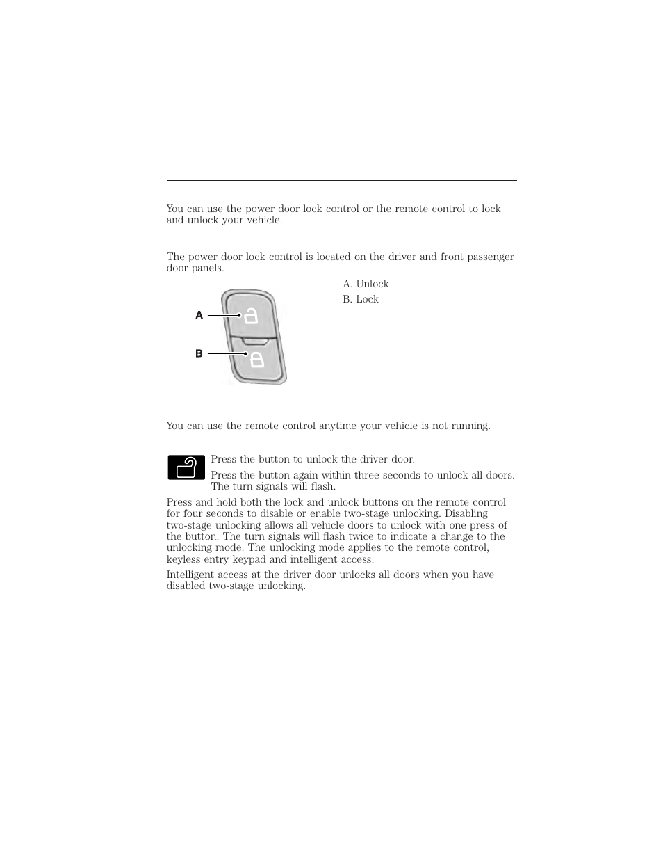 Locks, Locking and unlocking, Power door locks | Remote control, Unlocking the doors (two-stage unlock), 68 locks | FORD 2015 Taurus User Manual | Page 69 / 558