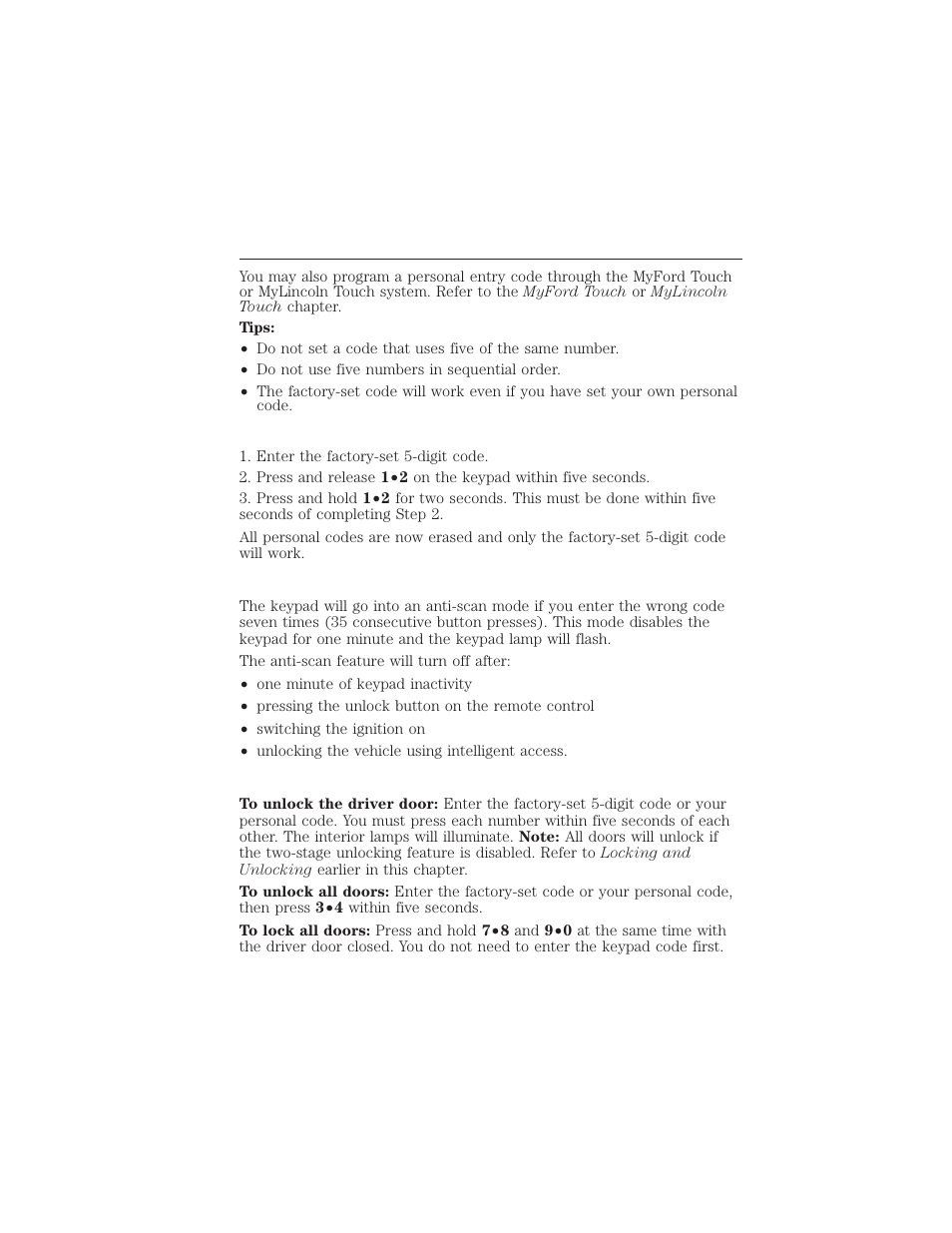 Erasing a personal code, Anti-scan feature, Unlocking and locking the doors | 74 locks | FORD 2015 Taurus User Manual | Page 75 / 558
