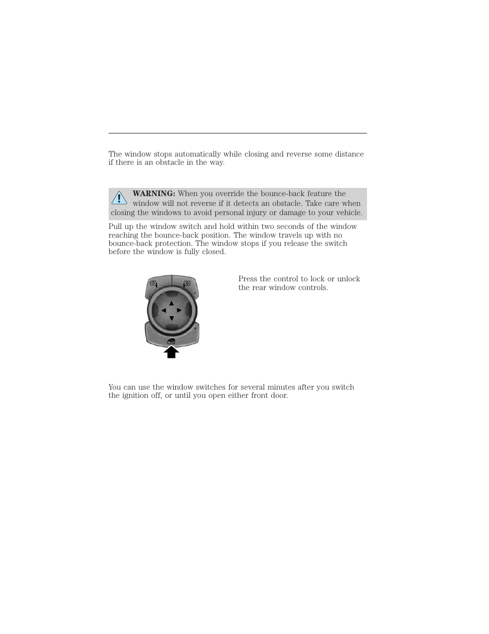 Bounce-back (one-touch up or down windows only), Overriding the bounce-back feature, Window lock | Accessory delay, Windows and mirrors 97 | FORD 2015 Taurus User Manual | Page 98 / 558