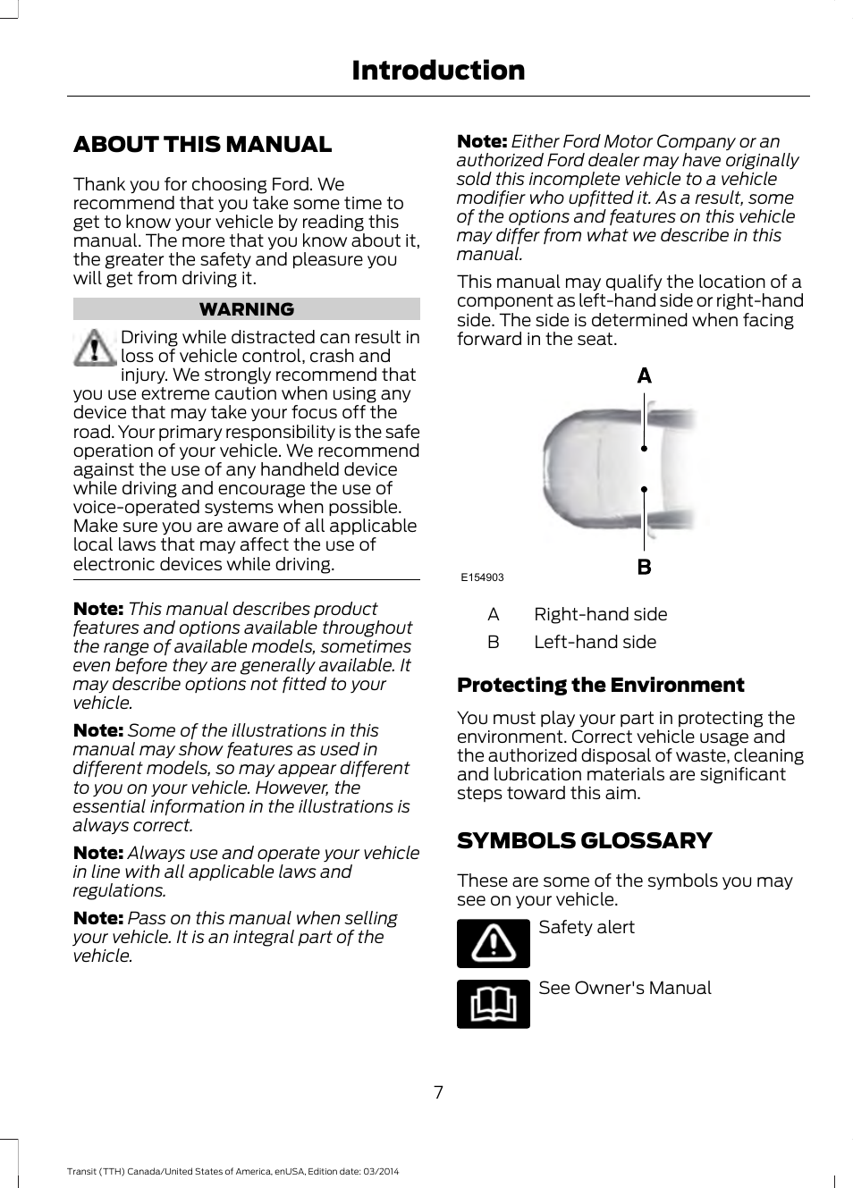 Introduction, About this manual, Symbols glossary | About this manual symbols glossary | FORD 2015 Transit v.1 User Manual | Page 10 / 461