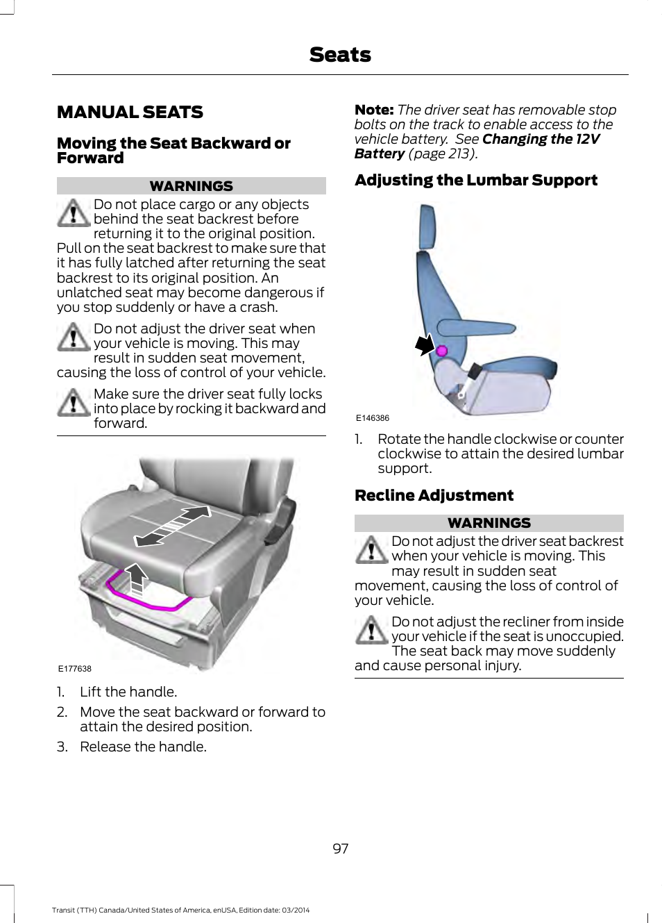 Manual seats, Seats | FORD 2015 Transit v.1 User Manual | Page 100 / 461