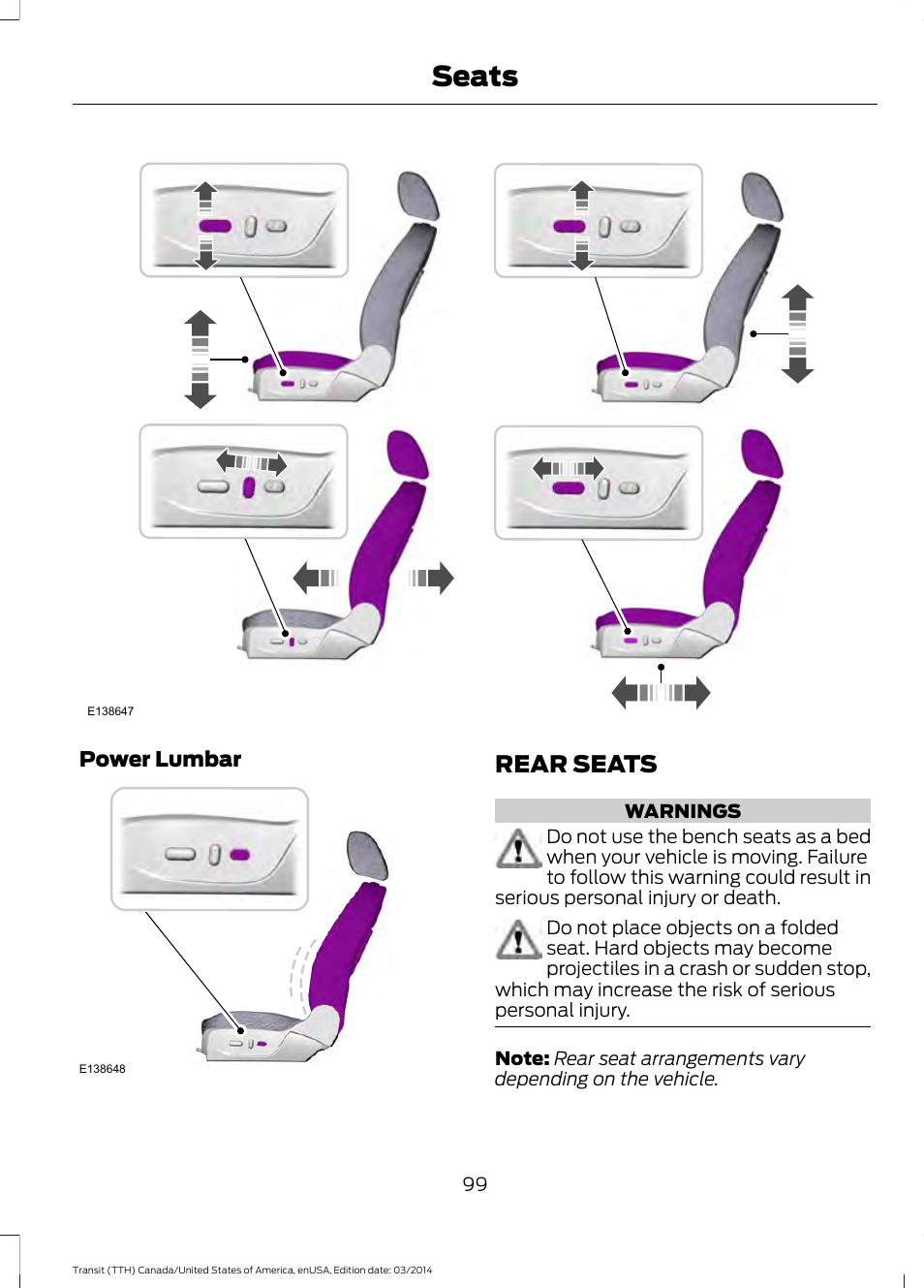 Rear seats, Seats | FORD 2015 Transit v.1 User Manual | Page 102 / 461