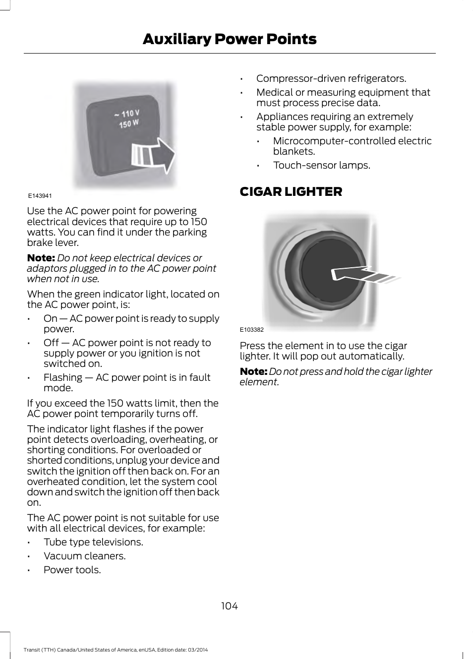 Cigar lighter, Auxiliary power points | FORD 2015 Transit v.1 User Manual | Page 107 / 461