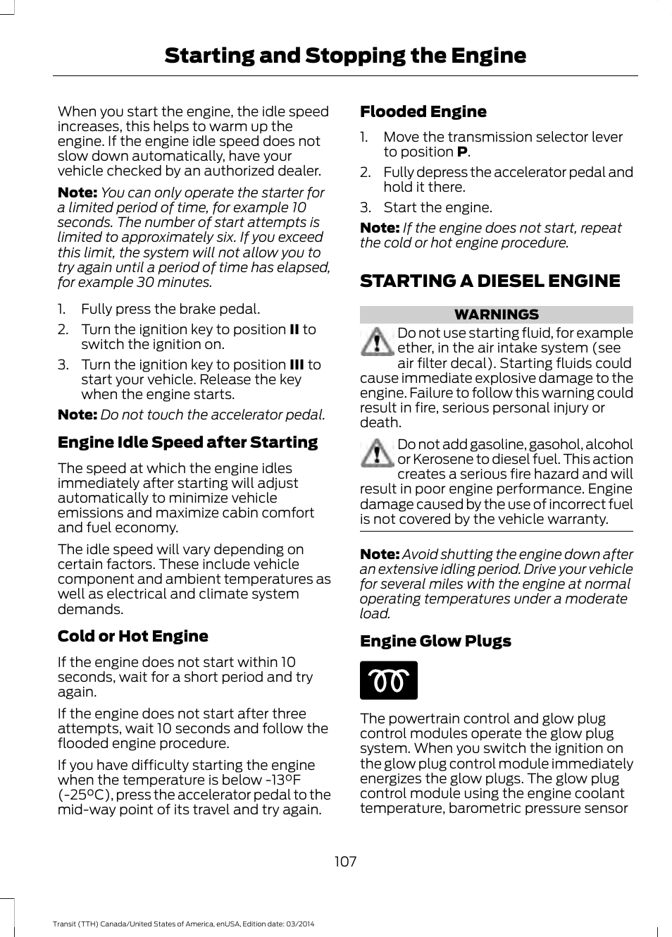 Starting a diesel engine, Starting and stopping the engine | FORD 2015 Transit v.1 User Manual | Page 110 / 461