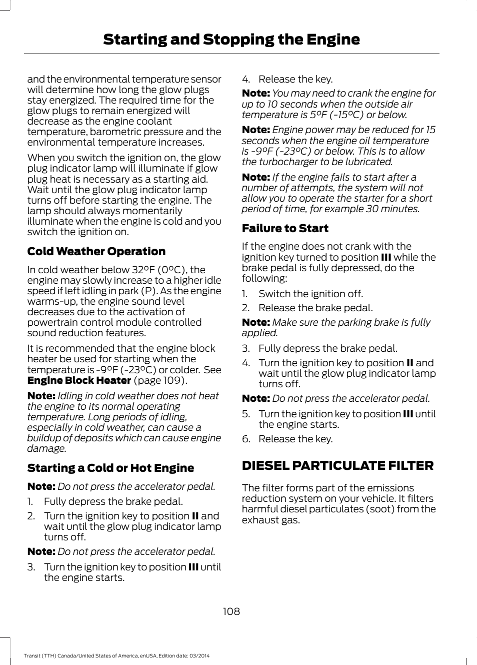 Diesel particulate filter, Starting and stopping the engine | FORD 2015 Transit v.1 User Manual | Page 111 / 461