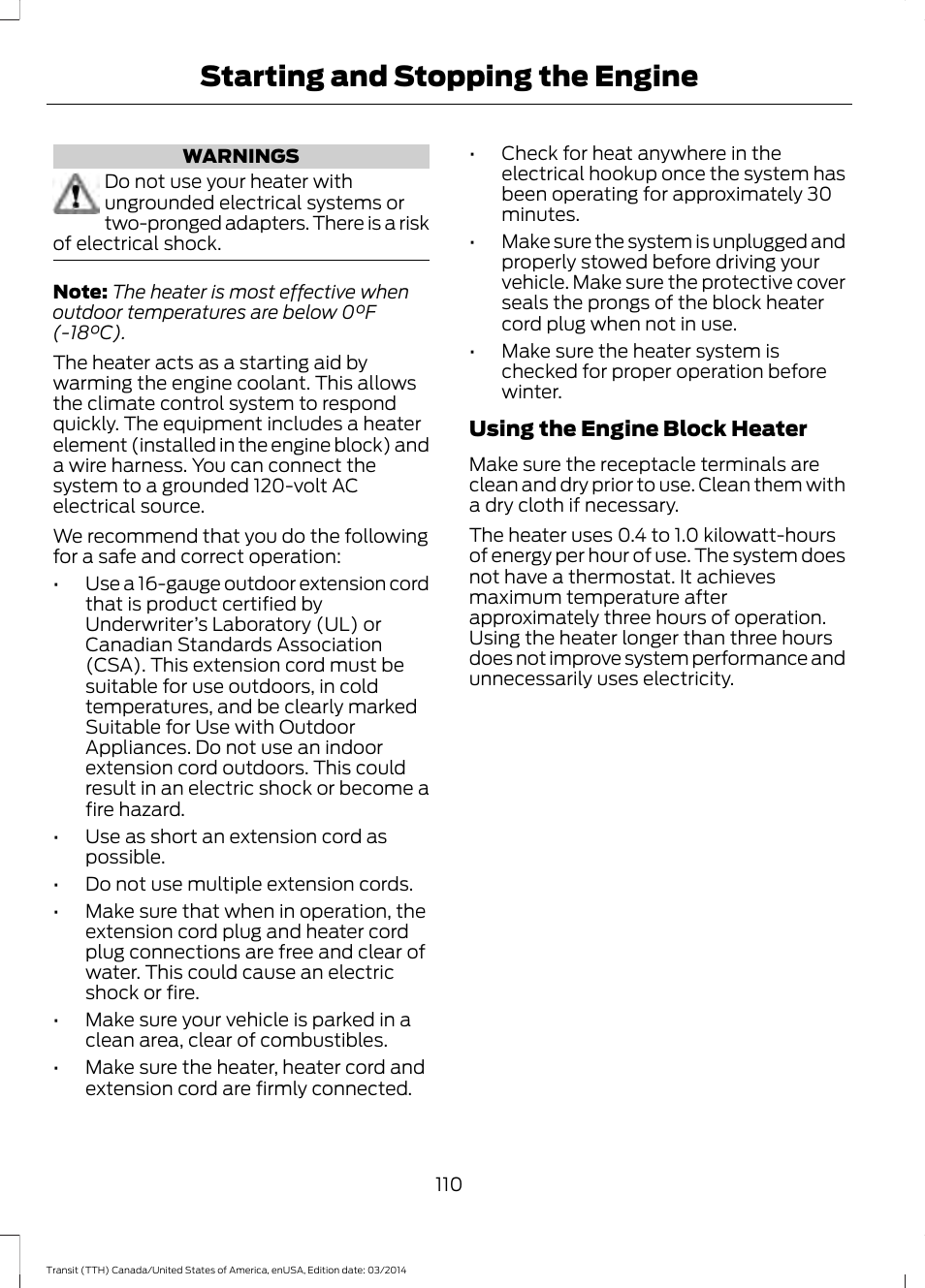 Starting and stopping the engine | FORD 2015 Transit v.1 User Manual | Page 113 / 461