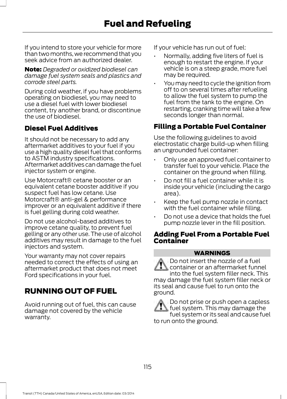 Running out of fuel, Fuel and refueling | FORD 2015 Transit v.1 User Manual | Page 118 / 461