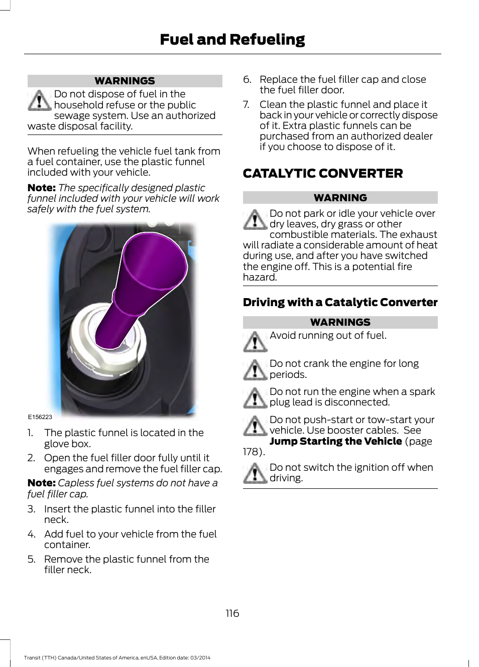 Catalytic converter, Fuel and refueling | FORD 2015 Transit v.1 User Manual | Page 119 / 461