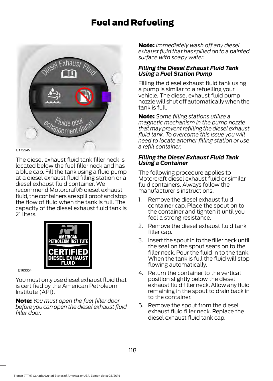 Fuel and refueling | FORD 2015 Transit v.1 User Manual | Page 121 / 461