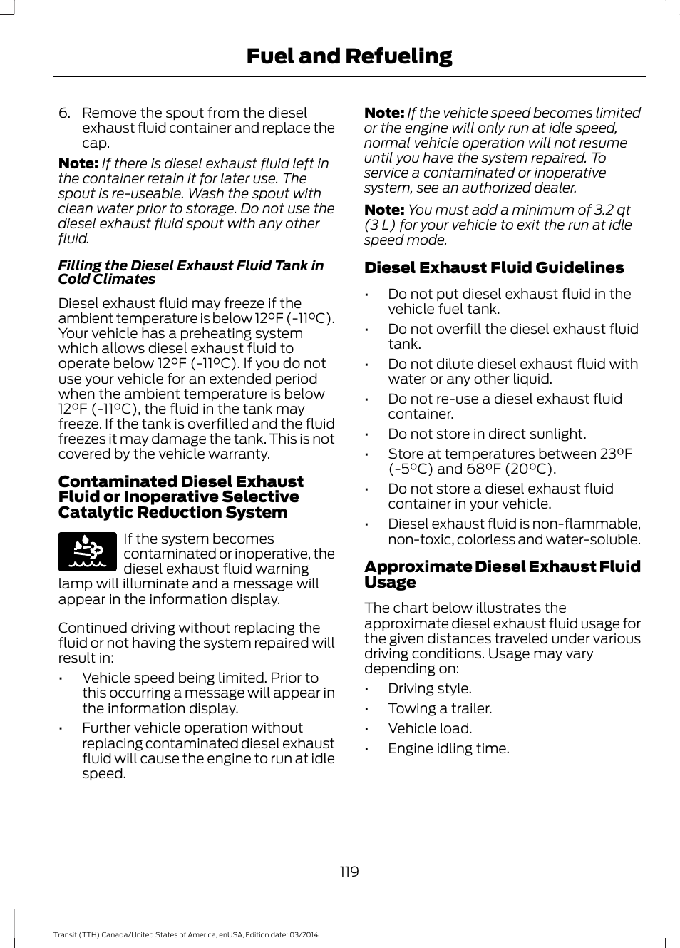 Fuel and refueling | FORD 2015 Transit v.1 User Manual | Page 122 / 461