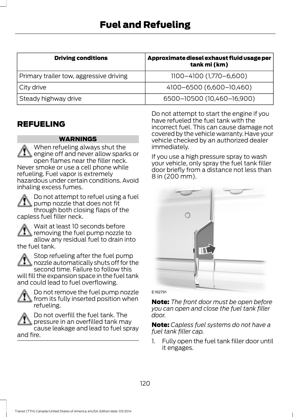 Refueling, Fuel and refueling | FORD 2015 Transit v.1 User Manual | Page 123 / 461