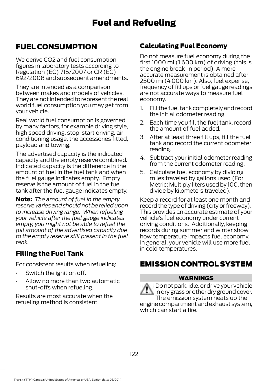 Fuel consumption, Emission control system, Fuel consumption emission control system | Fuel and refueling | FORD 2015 Transit v.1 User Manual | Page 125 / 461