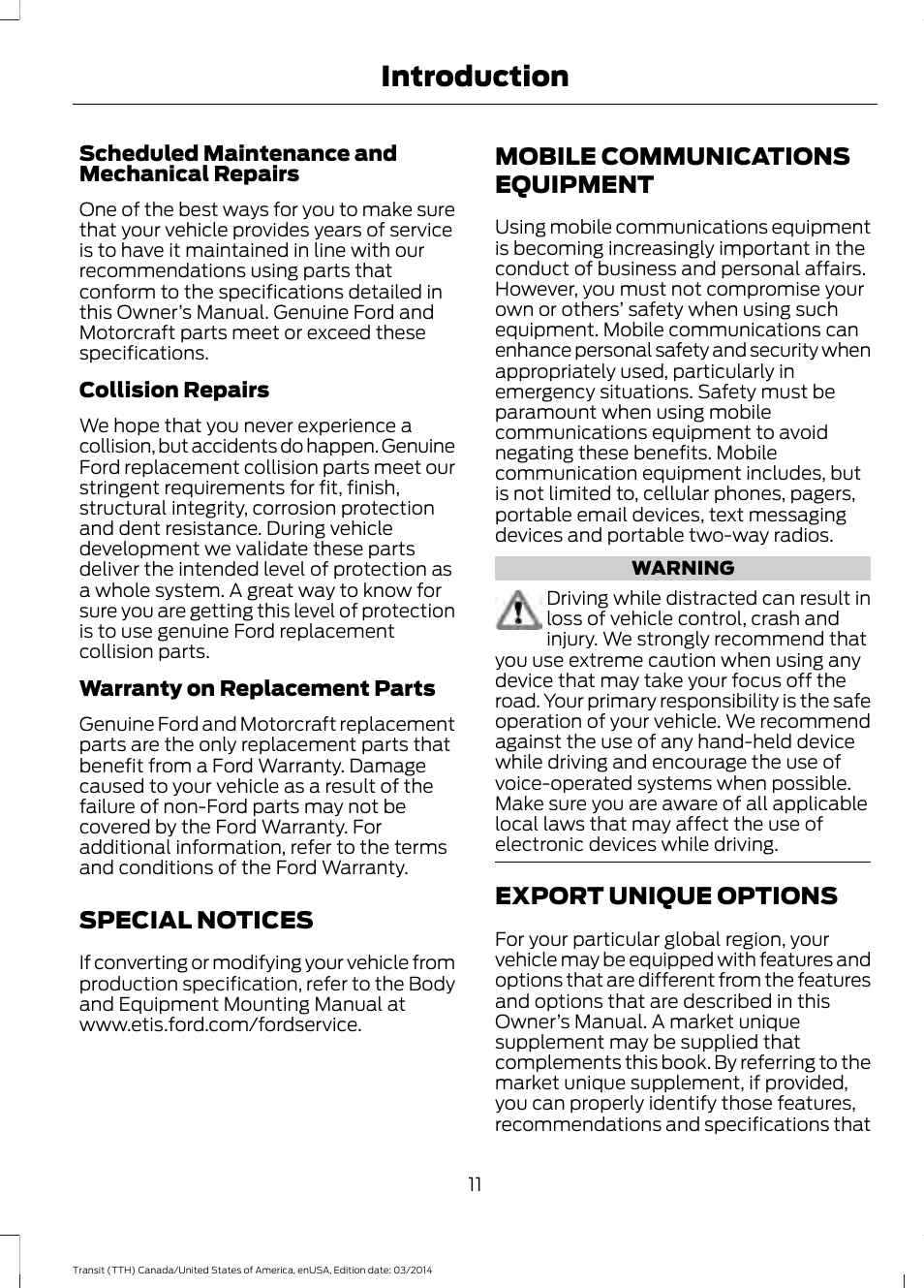 Special notices, Mobile communications equipment, Export unique options | Special notices mobile communications, Equipment, Introduction | FORD 2015 Transit v.1 User Manual | Page 14 / 461