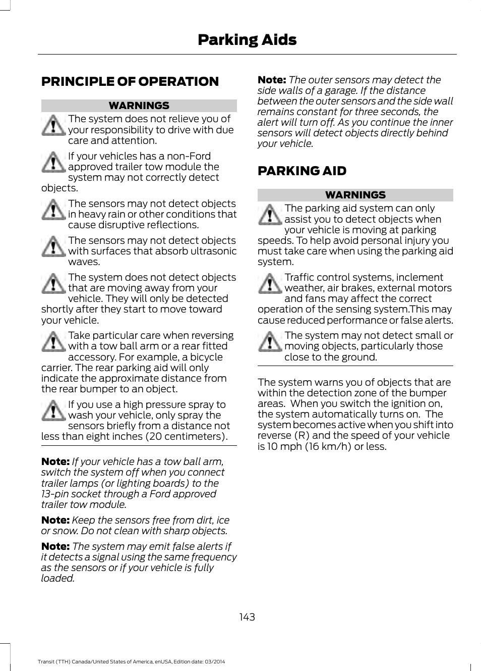 Parking aids, Principle of operation, Parking aid | Principle of operation parking aid | FORD 2015 Transit v.1 User Manual | Page 146 / 461