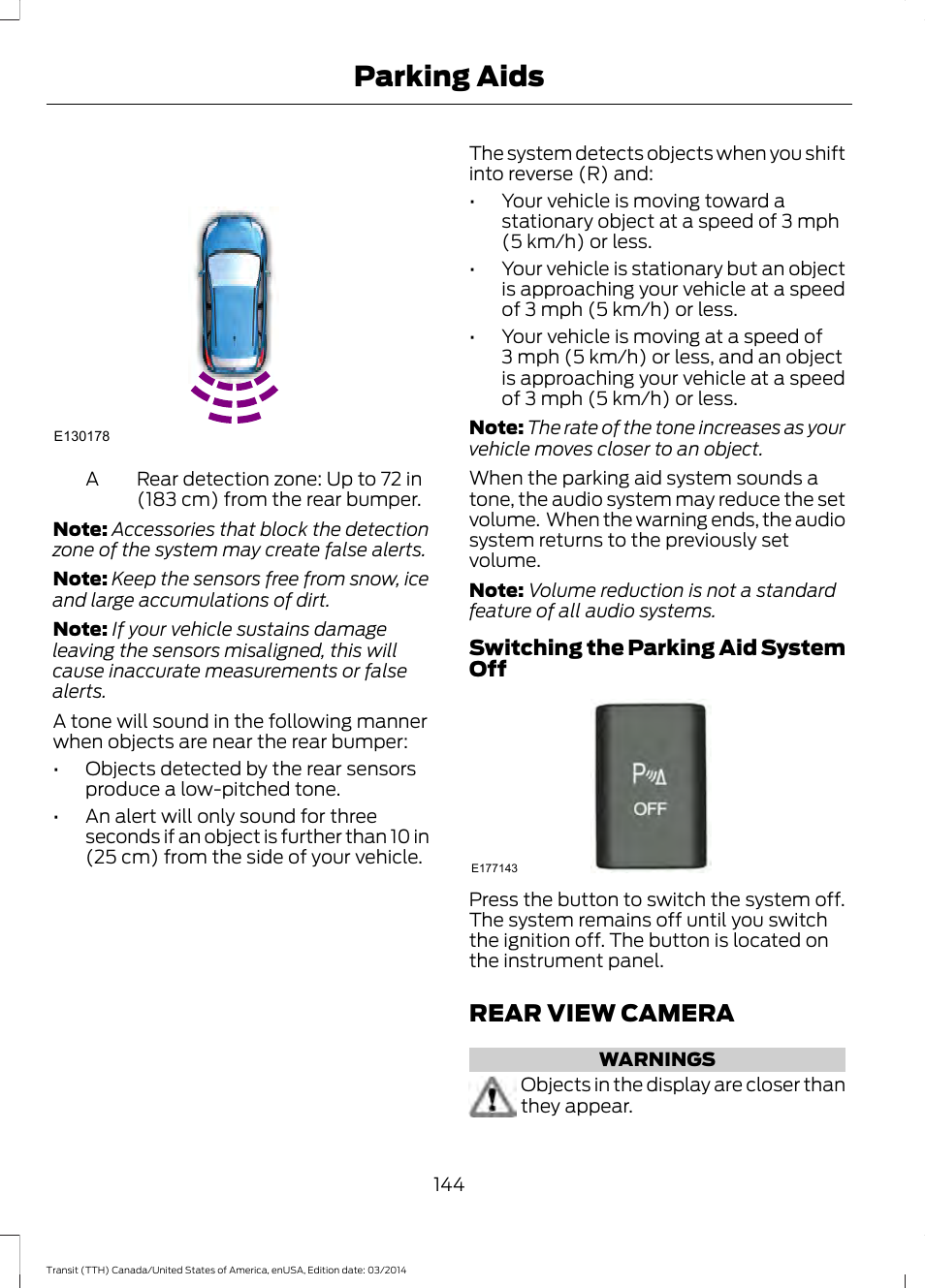Rear view camera, Parking aids | FORD 2015 Transit v.1 User Manual | Page 147 / 461