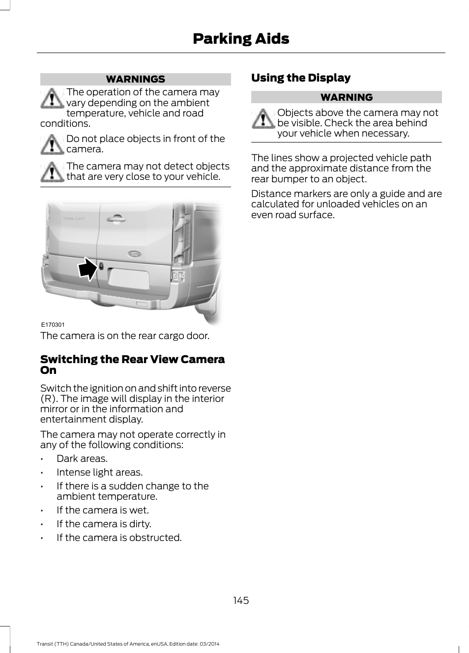 Parking aids | FORD 2015 Transit v.1 User Manual | Page 148 / 461