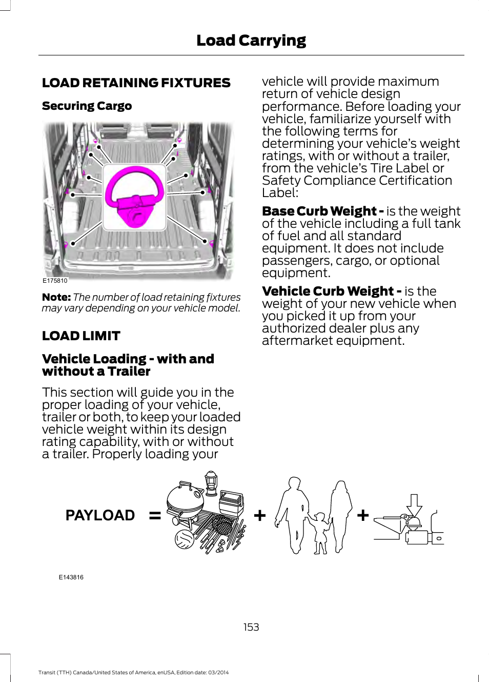 Load carrying, Load retaining fixtures, Load limit | Load retaining fixtures load limit, Payload | FORD 2015 Transit v.1 User Manual | Page 156 / 461