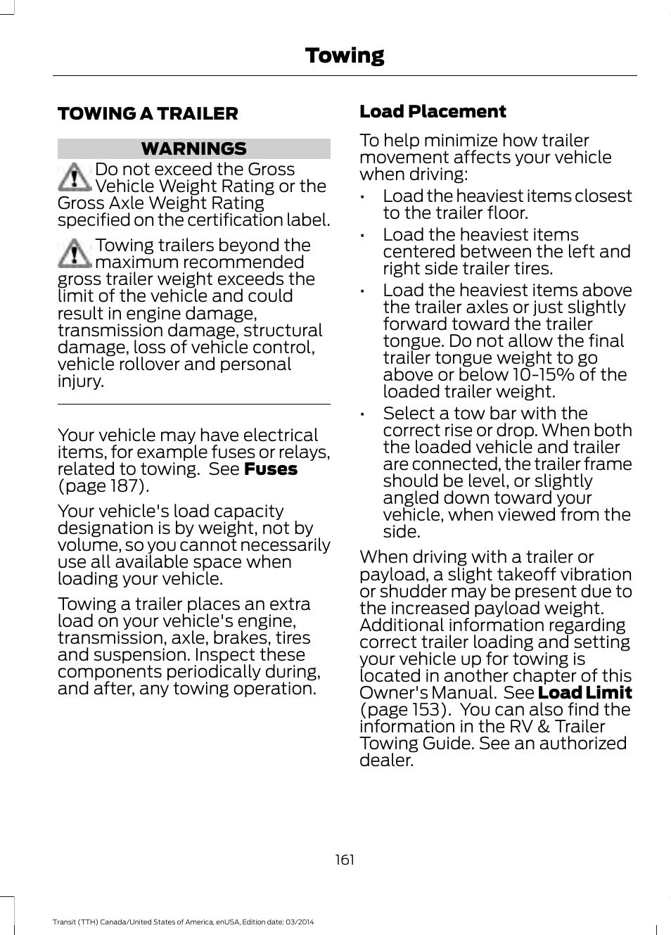 Towing, Towing a trailer | FORD 2015 Transit v.1 User Manual | Page 164 / 461