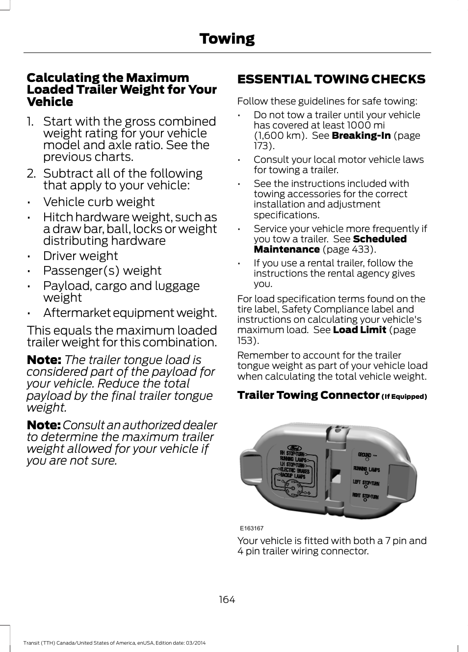 Essential towing checks, Towing | FORD 2015 Transit v.1 User Manual | Page 167 / 461