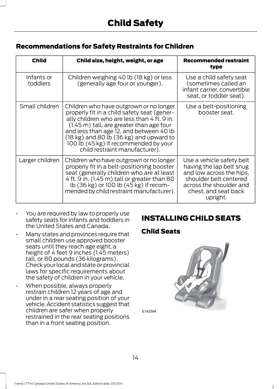 Installing child seats, Child safety | FORD 2015 Transit v.1 User Manual | Page 17 / 461