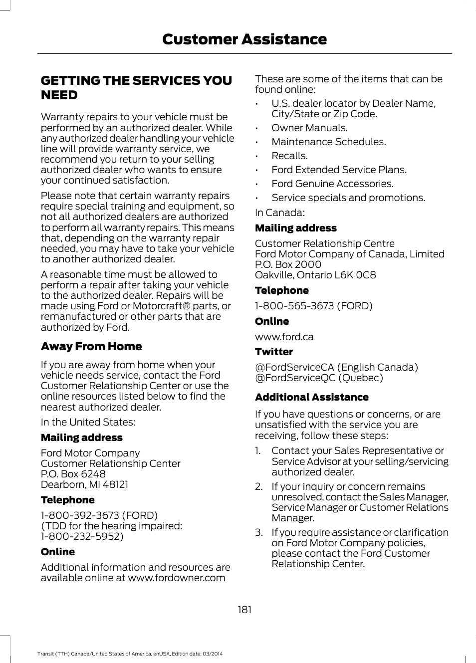 Customer assistance, Getting the services you need | FORD 2015 Transit v.1 User Manual | Page 184 / 461