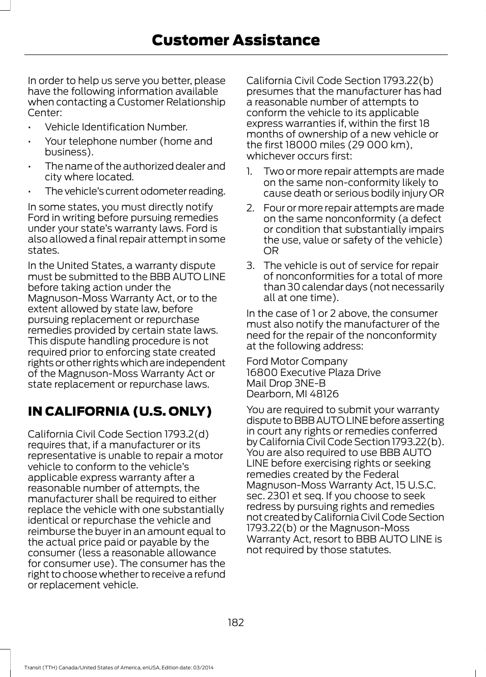 In california (u.s. only), Customer assistance | FORD 2015 Transit v.1 User Manual | Page 185 / 461