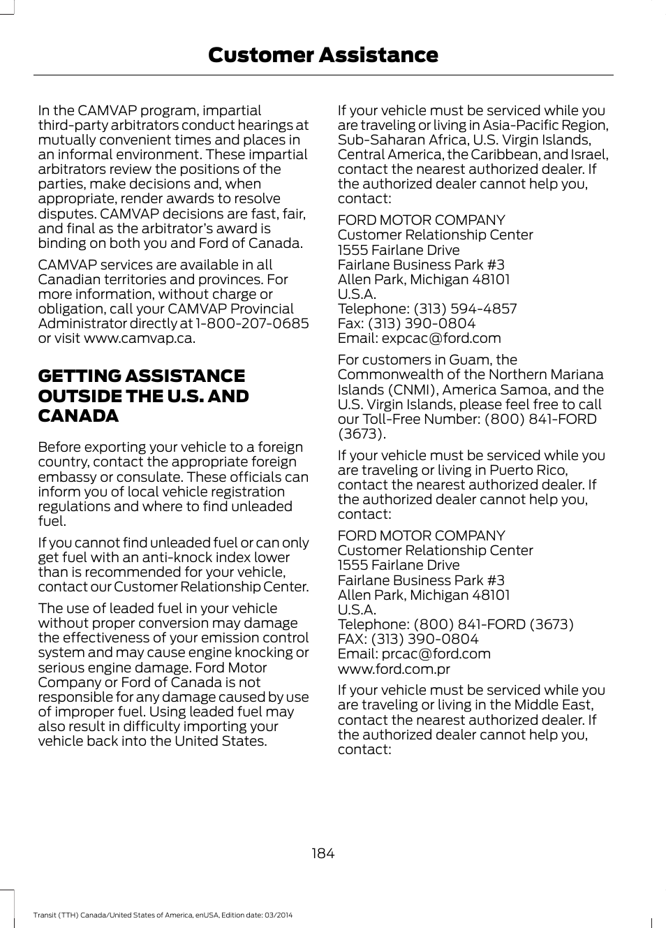 Getting assistance outside the u.s. and canada, Getting assistance outside the u.s. and, Canada | Customer assistance | FORD 2015 Transit v.1 User Manual | Page 187 / 461