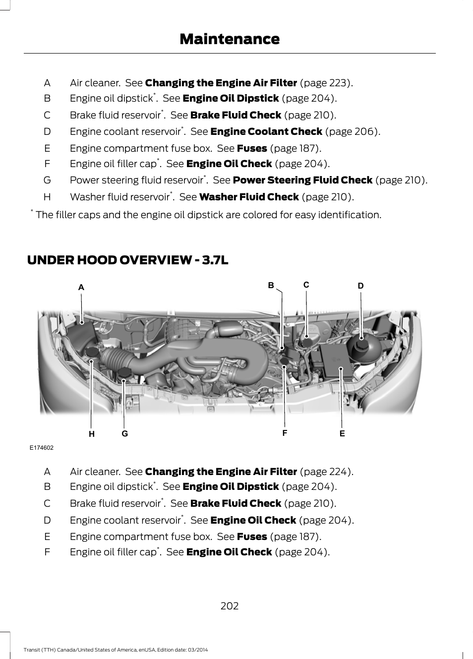 Under hood overview, Under hood overview - 3.7l, Maintenance | FORD 2015 Transit v.1 User Manual | Page 205 / 461