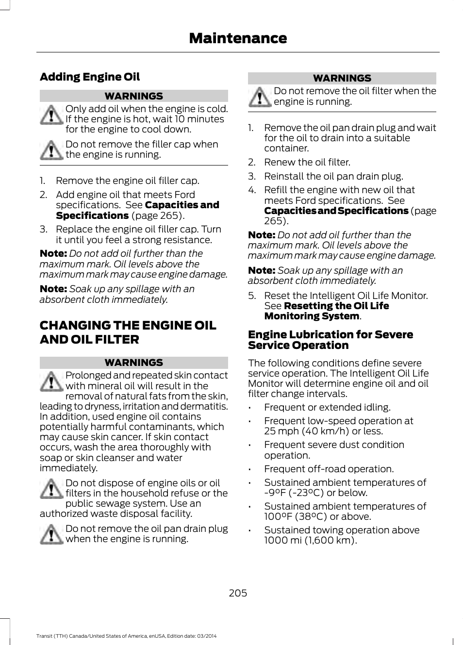 Changing the engine oil and oil filter, Changing the engine oil and oil, Filter | Maintenance | FORD 2015 Transit v.1 User Manual | Page 208 / 461