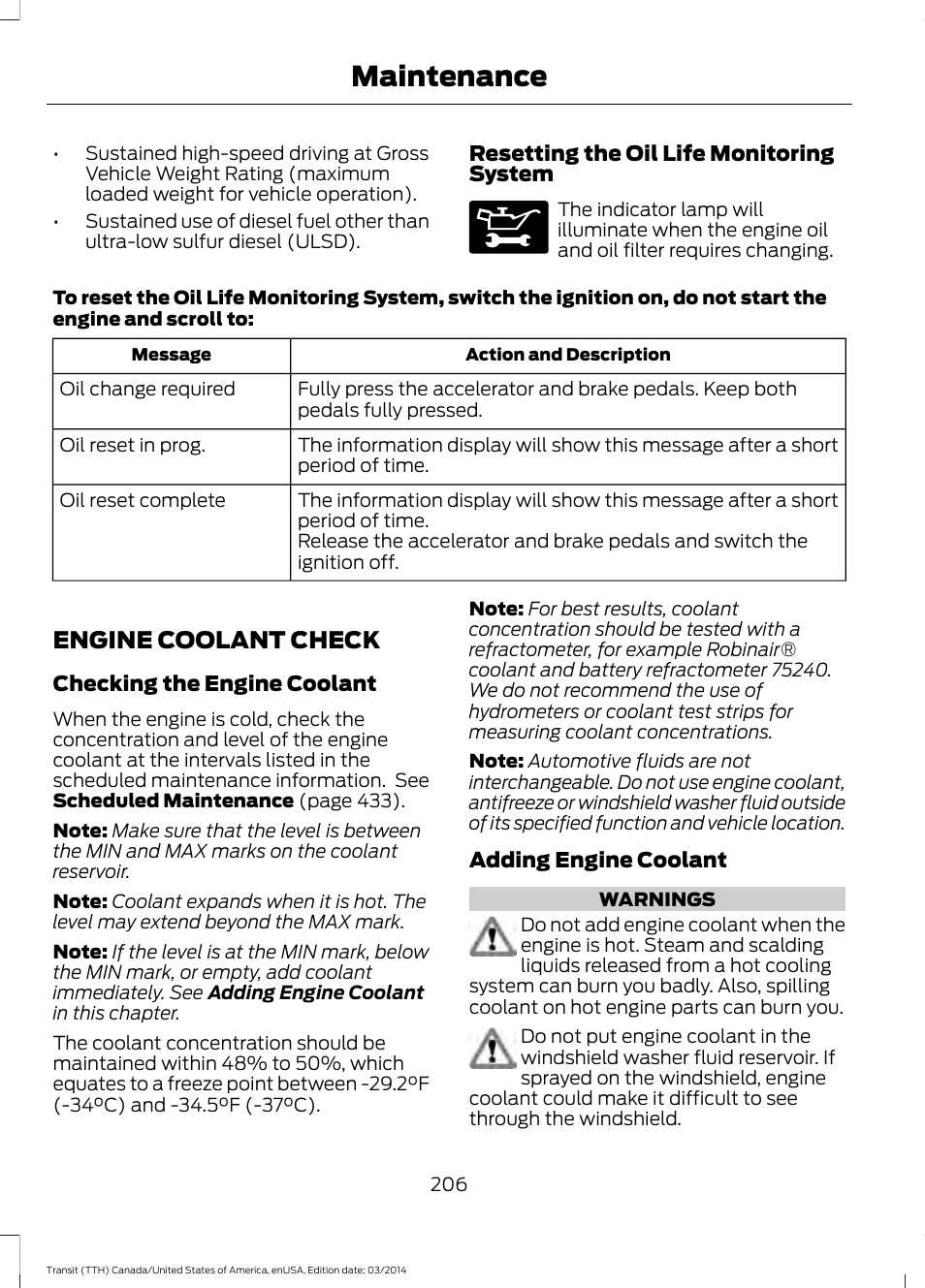 Engine coolant check, Maintenance | FORD 2015 Transit v.1 User Manual | Page 209 / 461