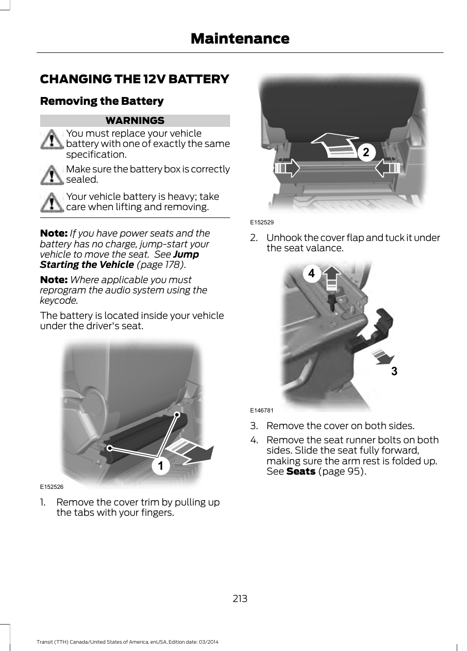Changing the 12v battery, Maintenance | FORD 2015 Transit v.1 User Manual | Page 216 / 461