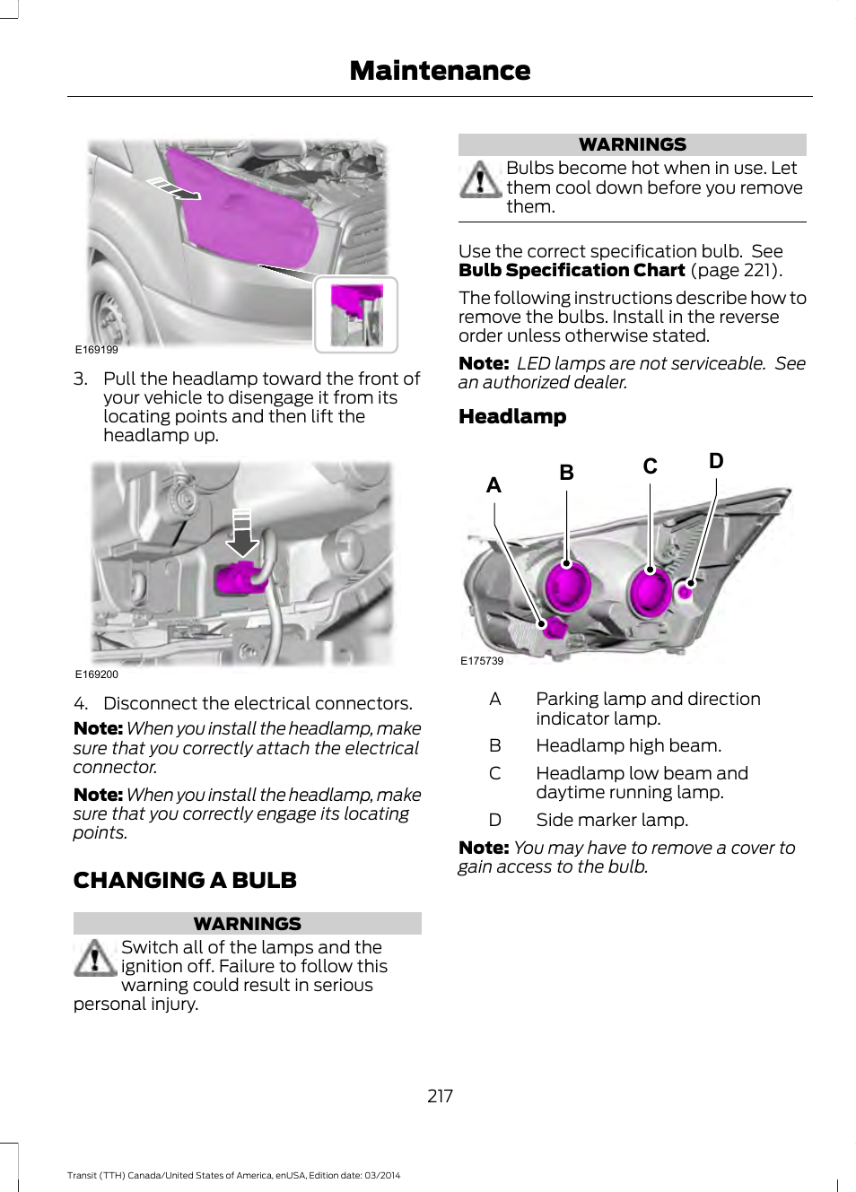 Changing a bulb, Maintenance, Bc d a | FORD 2015 Transit v.1 User Manual | Page 220 / 461