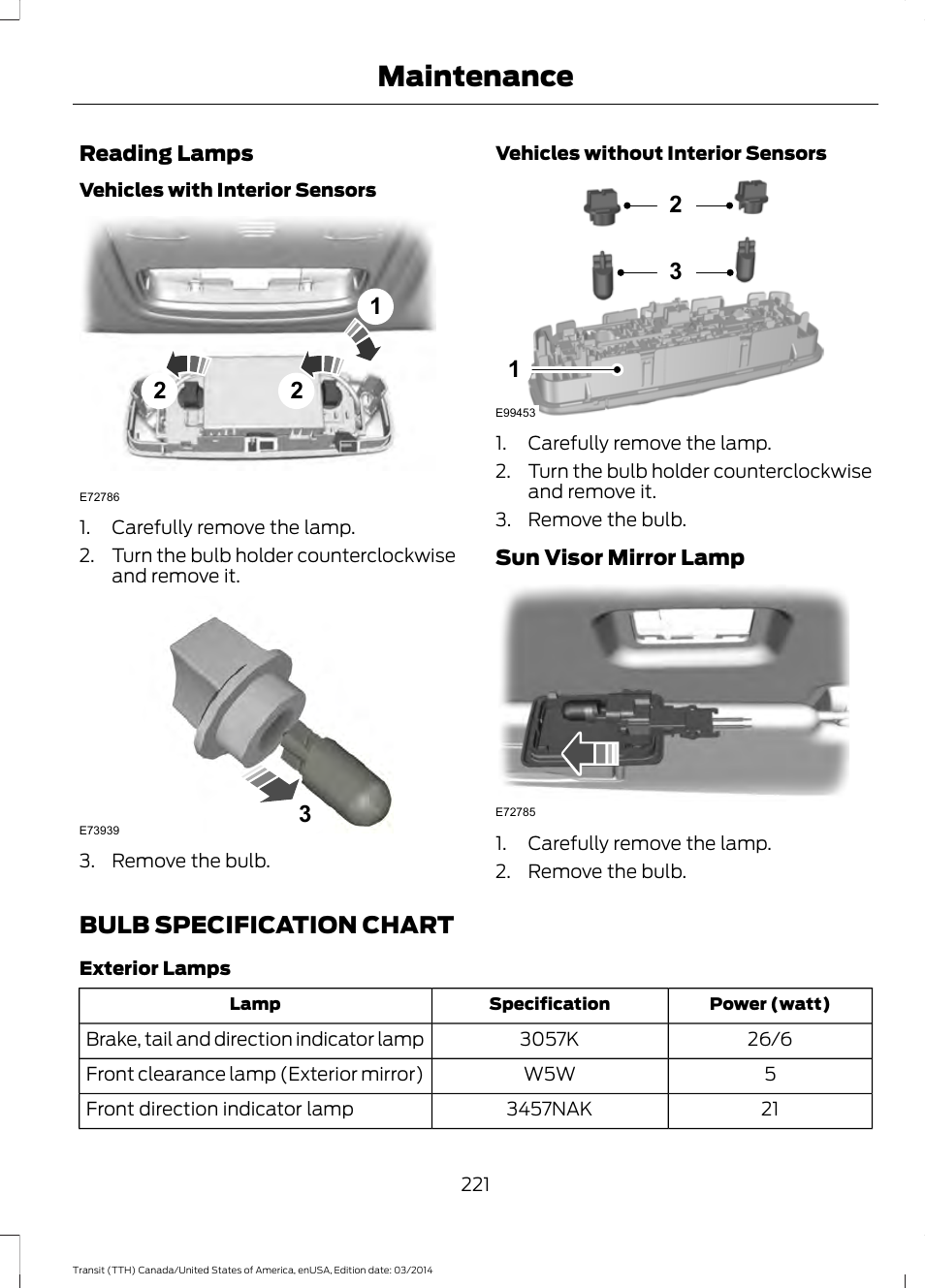 Bulb specification chart, Maintenance | FORD 2015 Transit v.1 User Manual | Page 224 / 461