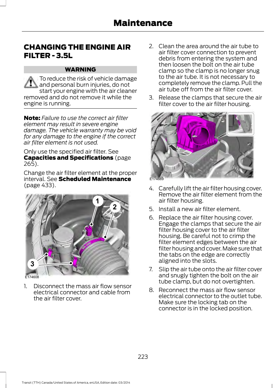 Changing the engine air filter, Changing the engine air filter - 3.5l, Maintenance | FORD 2015 Transit v.1 User Manual | Page 226 / 461