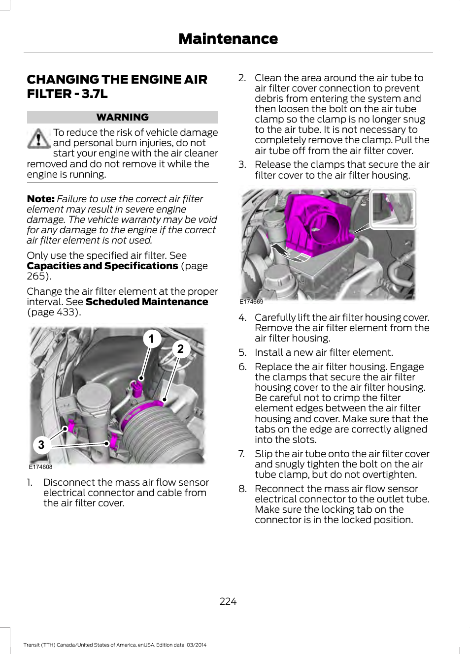 Changing the engine air filter, Changing the engine air filter - 3.7l, Maintenance | FORD 2015 Transit v.1 User Manual | Page 227 / 461