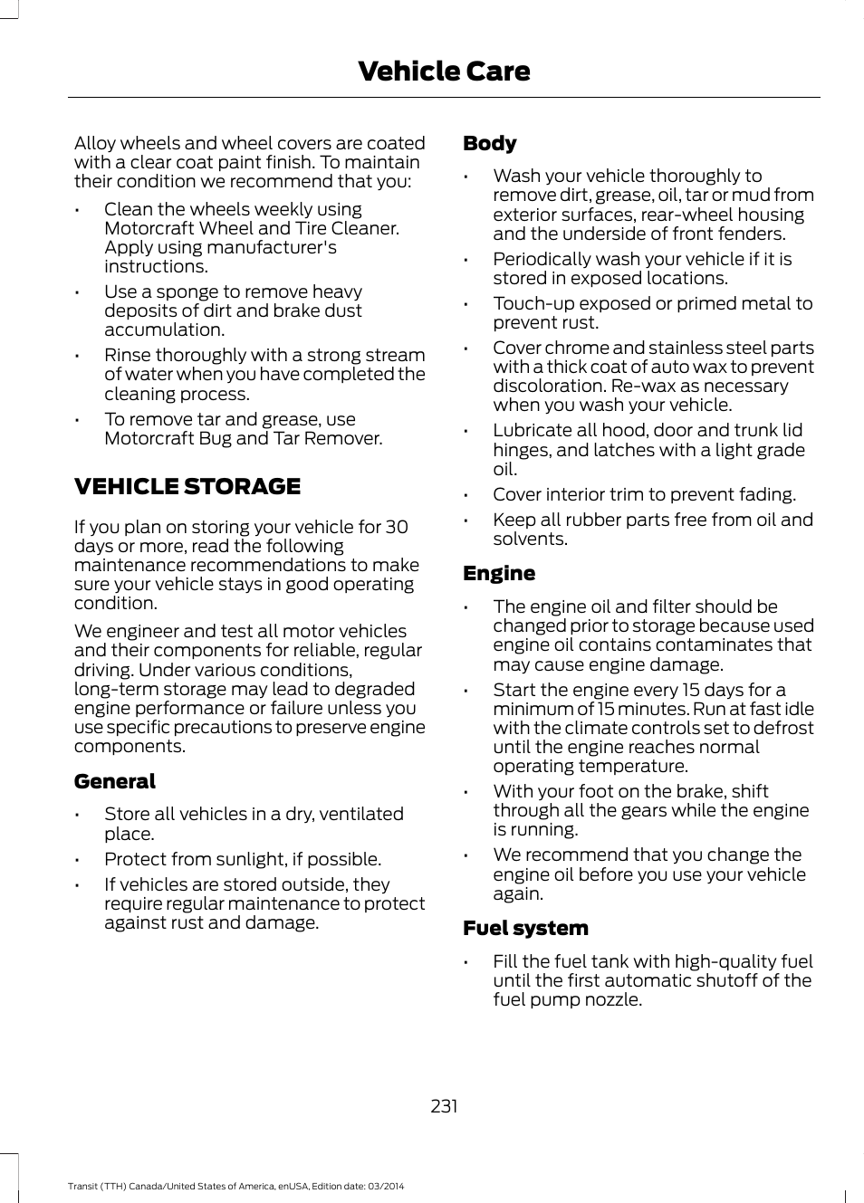 Vehicle storage, Vehicle care | FORD 2015 Transit v.1 User Manual | Page 234 / 461