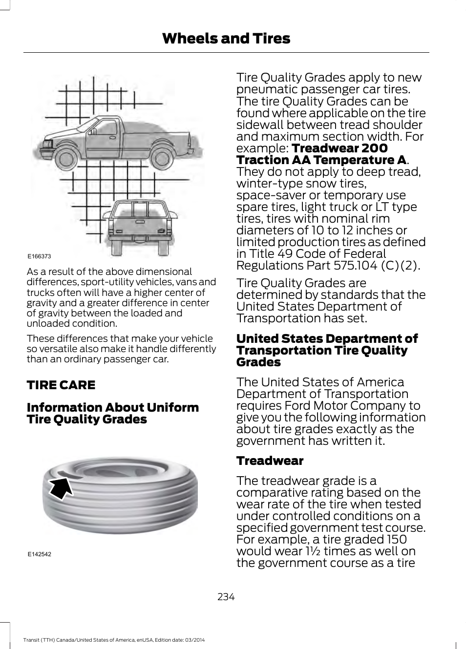 Tire care, Wheels and tires | FORD 2015 Transit v.1 User Manual | Page 237 / 461