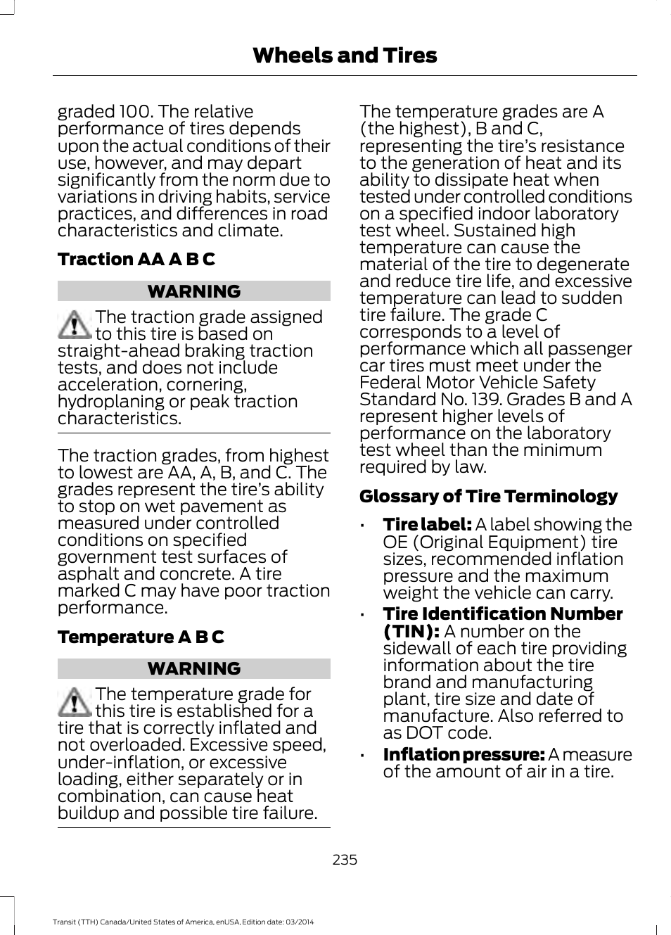 Wheels and tires | FORD 2015 Transit v.1 User Manual | Page 238 / 461