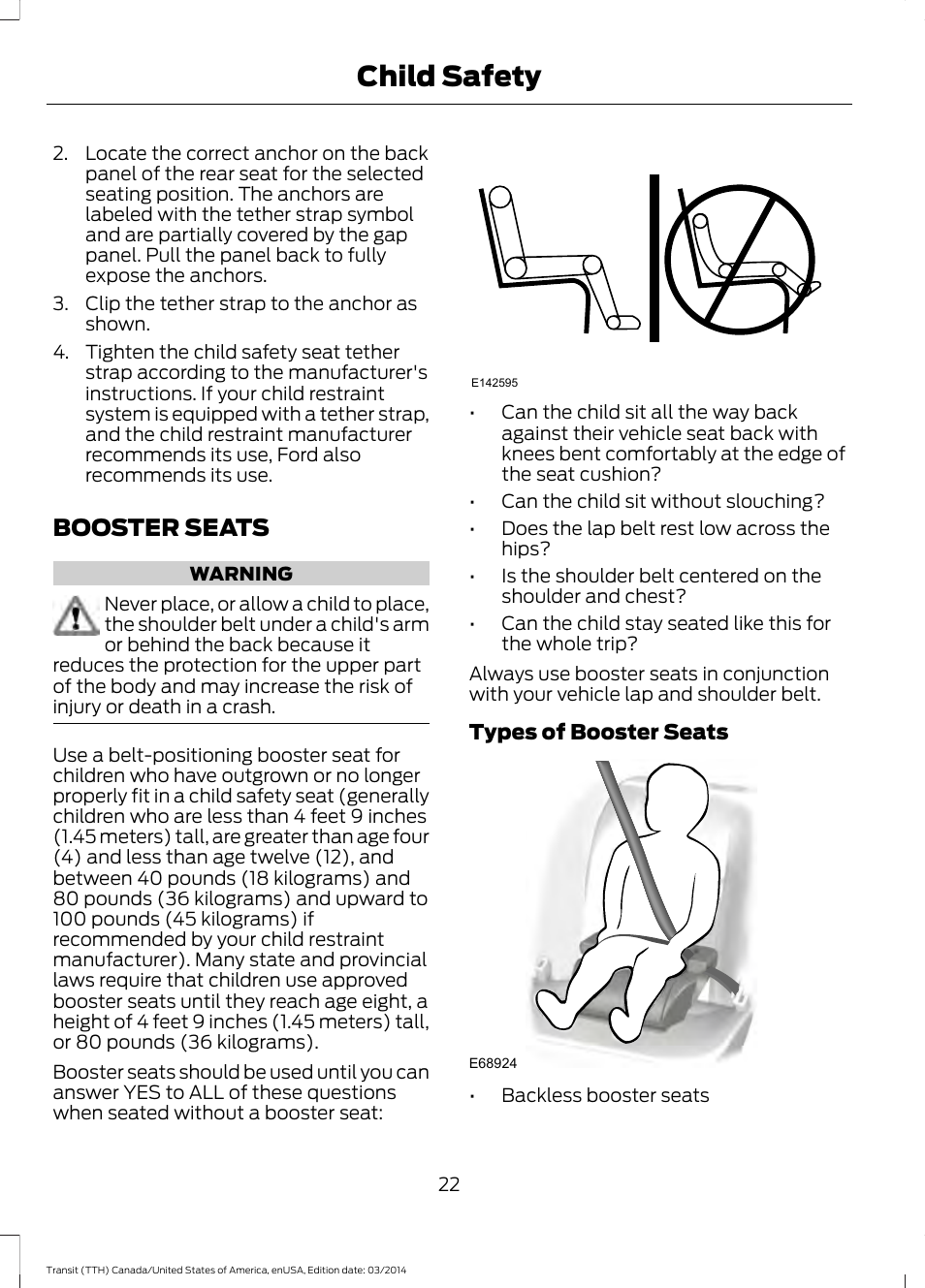 Booster seats, Child safety | FORD 2015 Transit v.1 User Manual | Page 25 / 461