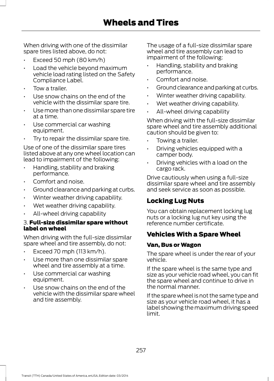 Wheels and tires | FORD 2015 Transit v.1 User Manual | Page 260 / 461