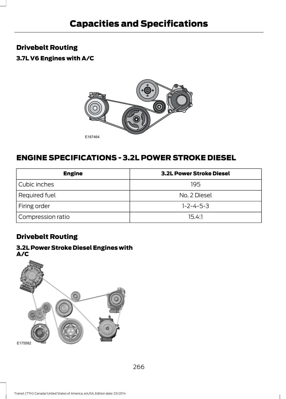 Engine specifications, Engine specifications - 3.2l power, Stroke diesel | Capacities and specifications, Engine specifications - 3.2l power stroke diesel | FORD 2015 Transit v.1 User Manual | Page 269 / 461