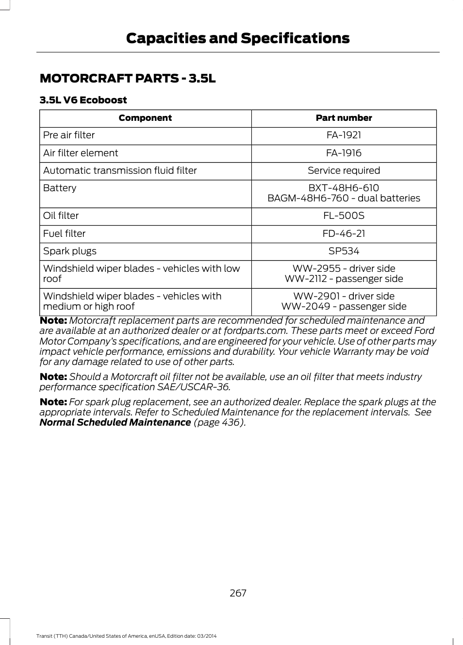 Motorcraft parts, Motorcraft parts - 3.5l, Capacities and specifications | FORD 2015 Transit v.1 User Manual | Page 270 / 461